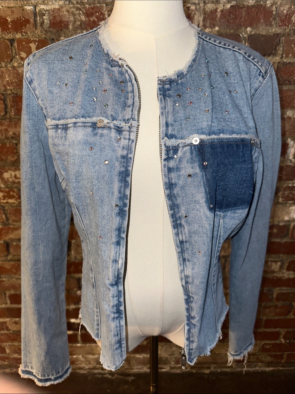 Express Light Blue Distressed Denim Jacket with Studs